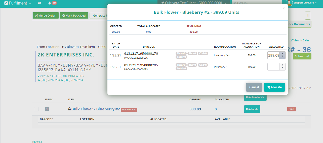 example of cultivera pro fulfillment module allocation options