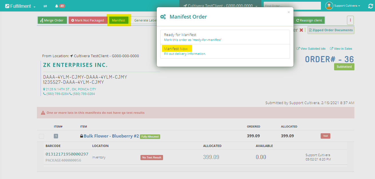 manifest order in cultivera pro screenshot