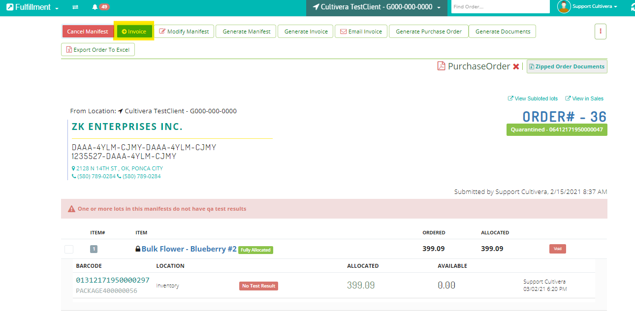 order details page in cultivera pro for invoice