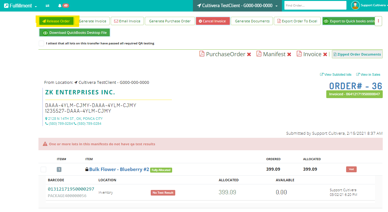 cultivera pro fulfillment module with release order button highlighted