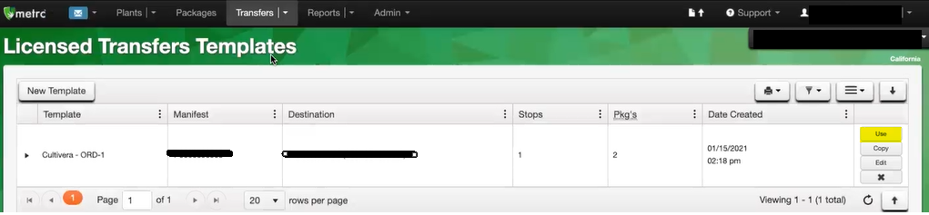 licensed transfer templates page in metrc