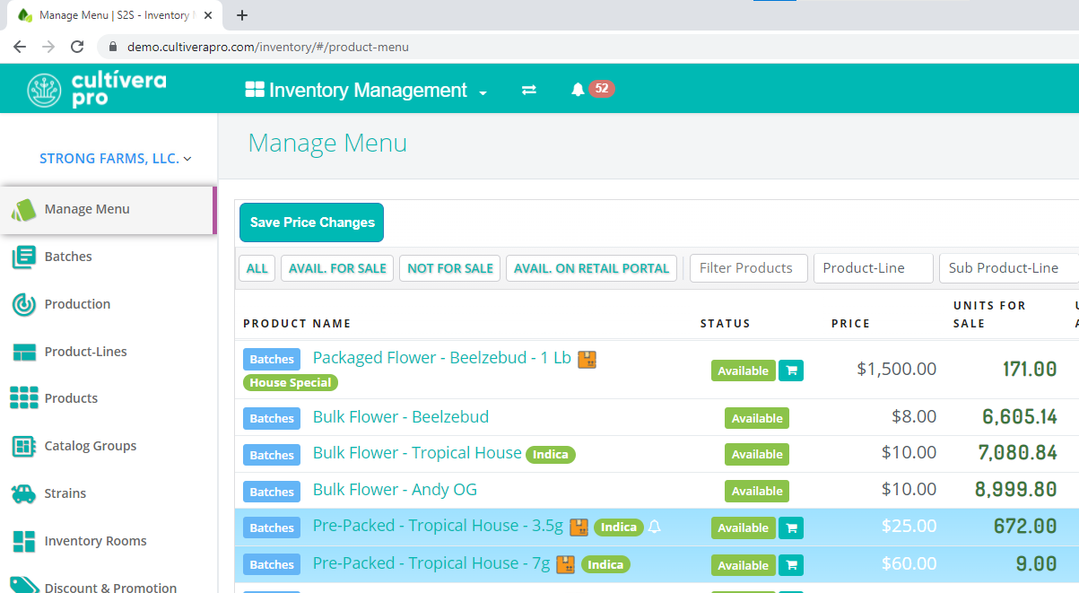 Cultivera PRO inventory management module