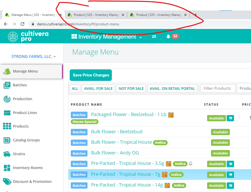 cultivera pro inventory management page with new tab at top highlighted