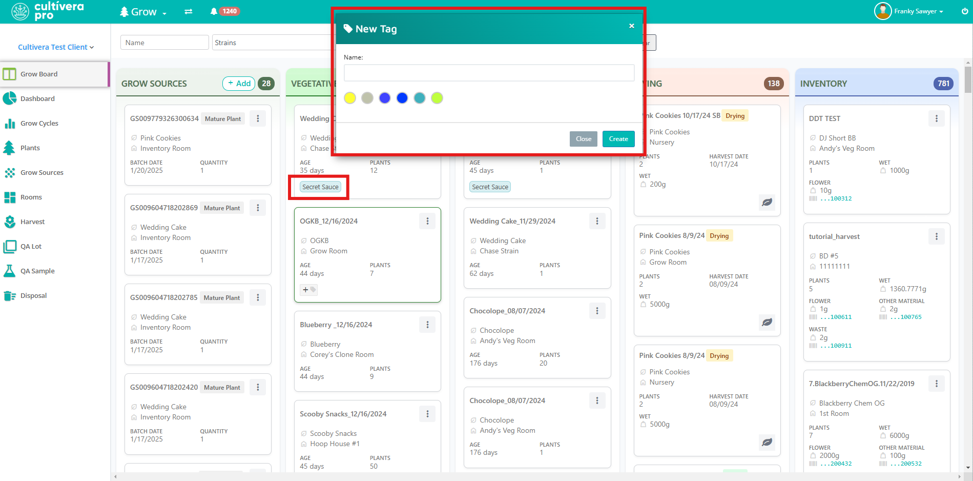 Screenshot of Cultivera Pro Grow Module Grow Board with new tag box open