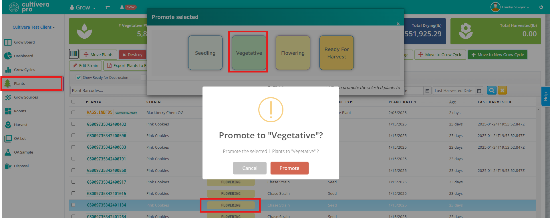 Screenshot of Cultivera Pro Grow Module Grow Board promotion feature used to demote plants