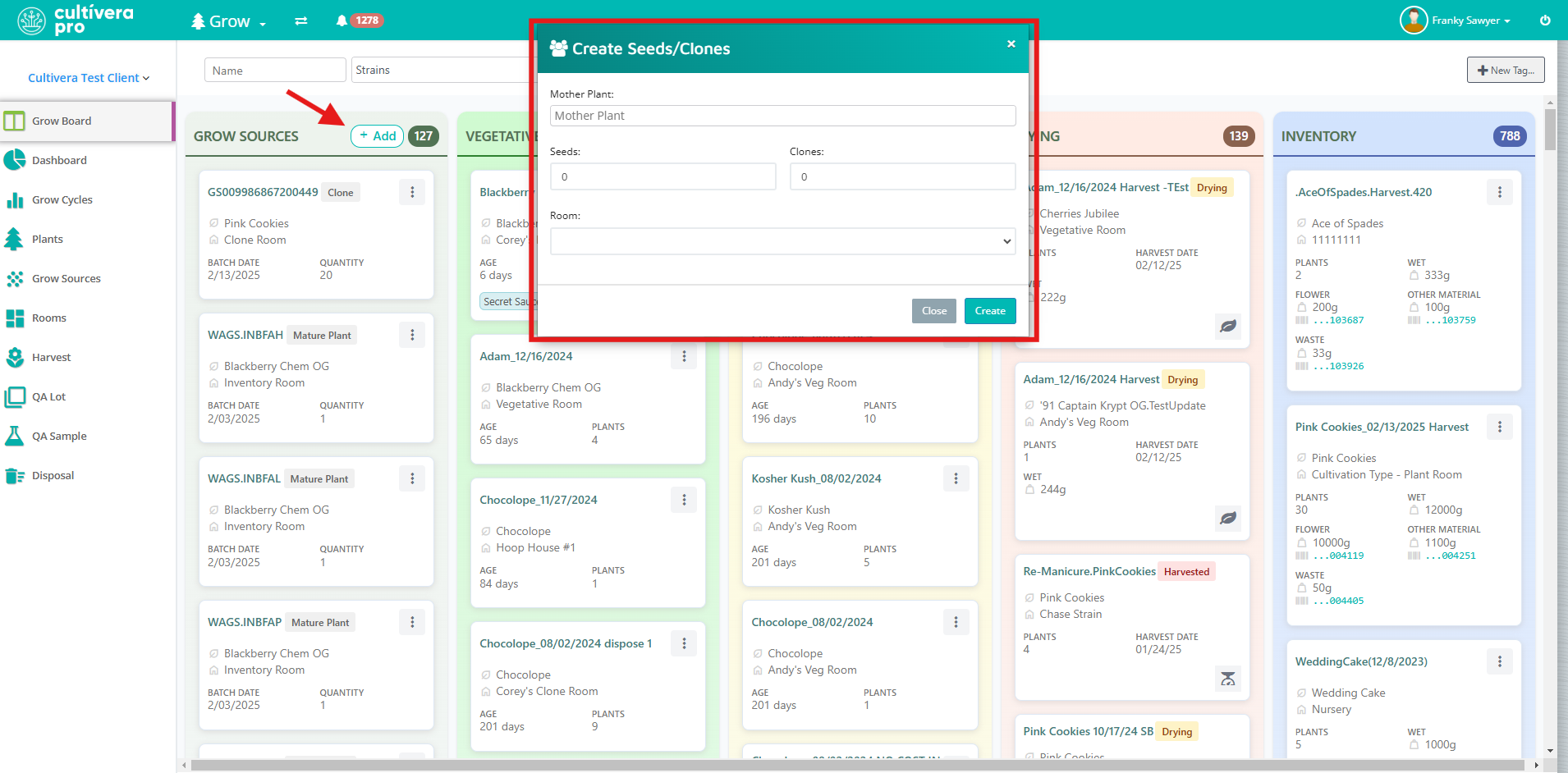 Screenshot of Cultivera Pro Grow Module Grow Board with Create Seeds box open