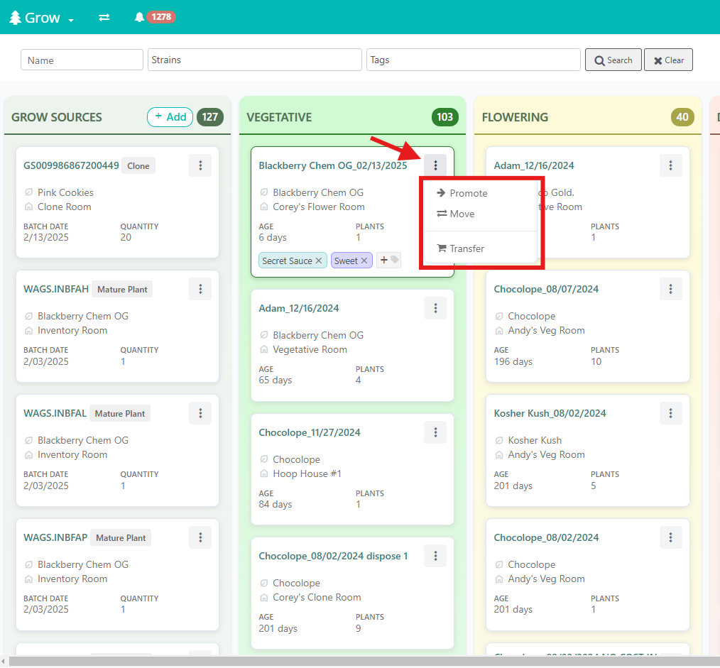 Screenshot of Cultivera Pro Grow Module Grow Board with a focus on the columns