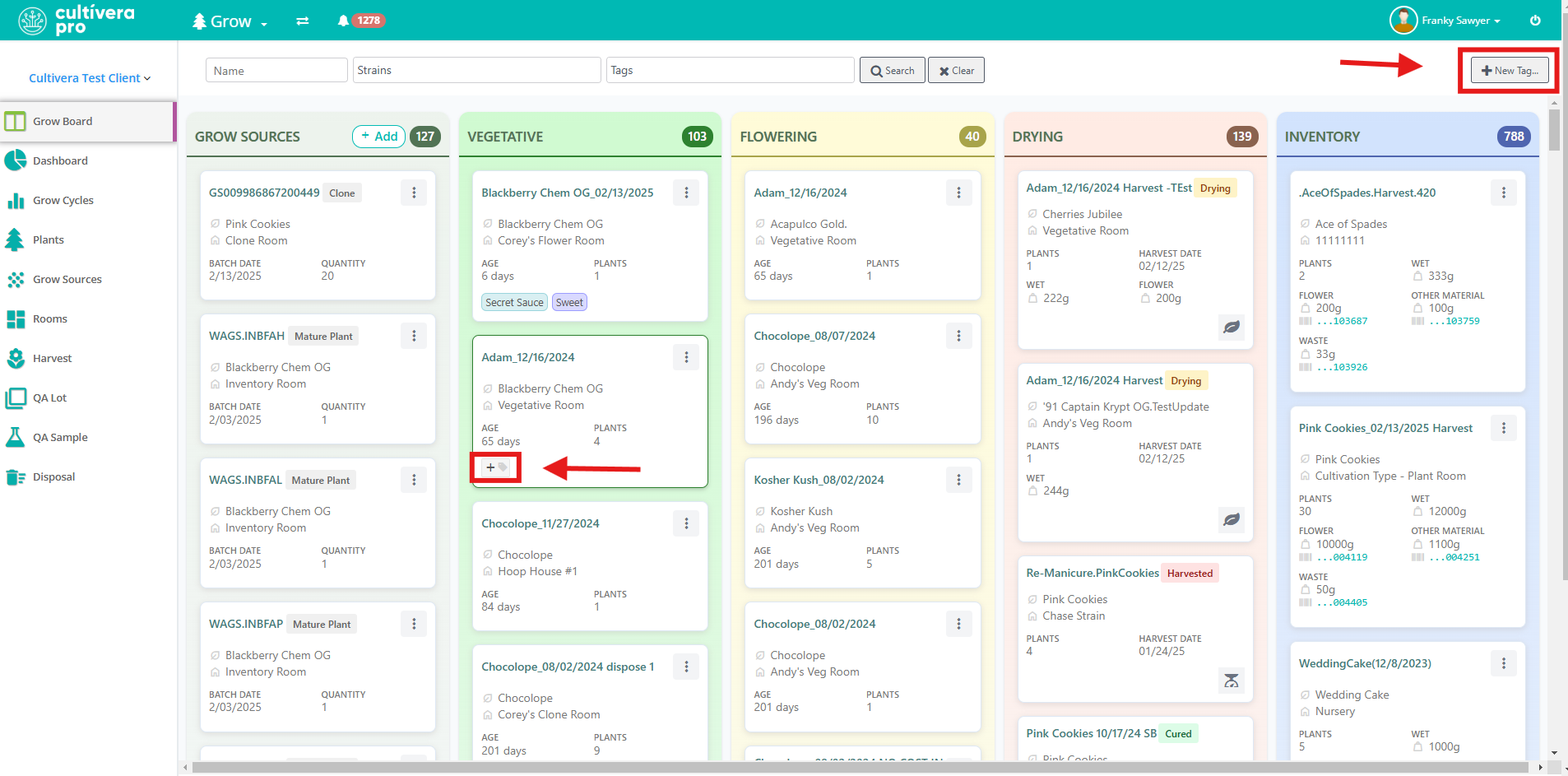 Screenshot of Cultivera Pro Grow Module Grow Board with tag options highlighted