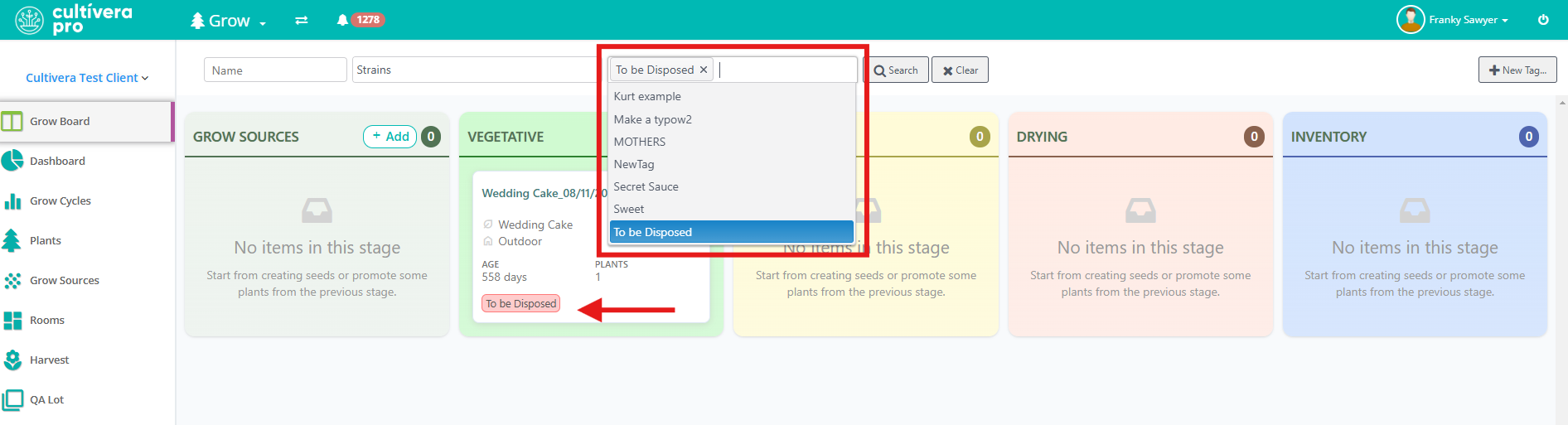 Screenshot of Cultivera Pro Grow Module Grow Board with tag options open