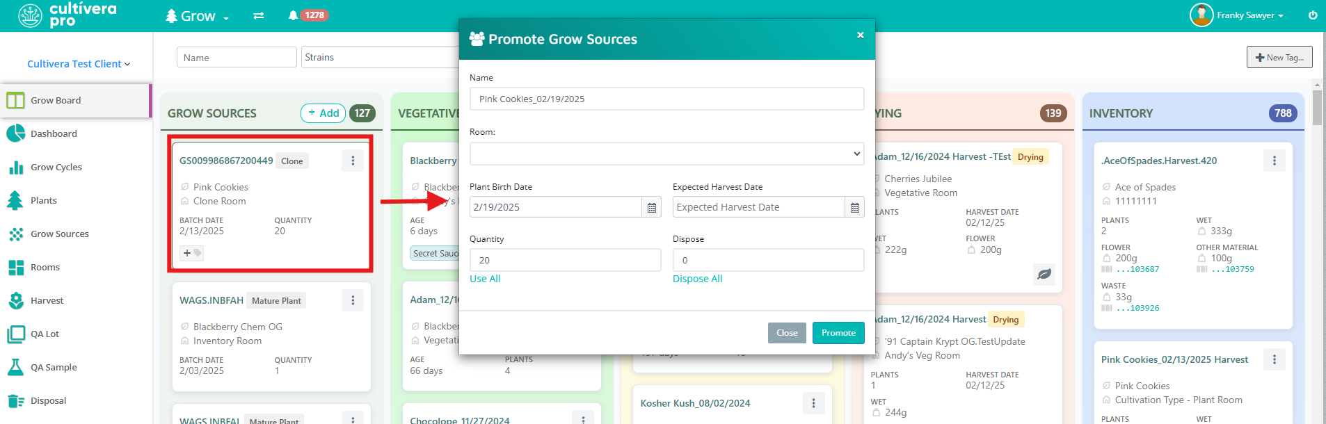 Screenshot of Cultivera Pro Grow Module Grow Board with promotion card open