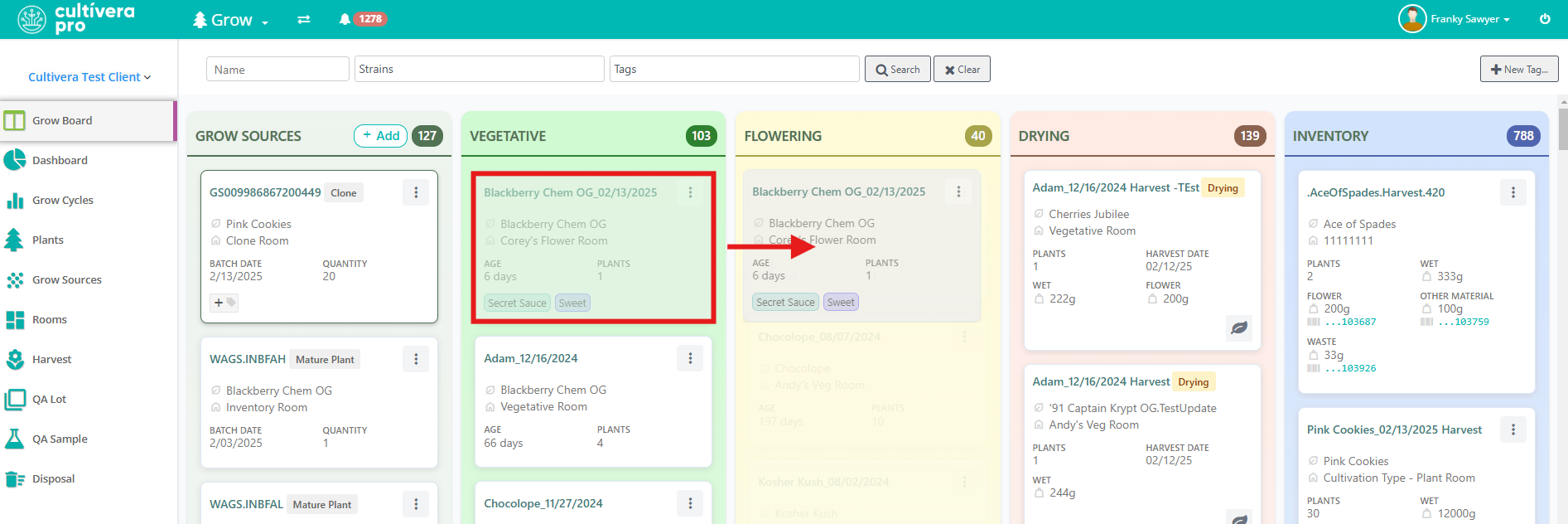 Screenshot of Cultivera Pro Grow Module Grow Board highlighting click and drag feature