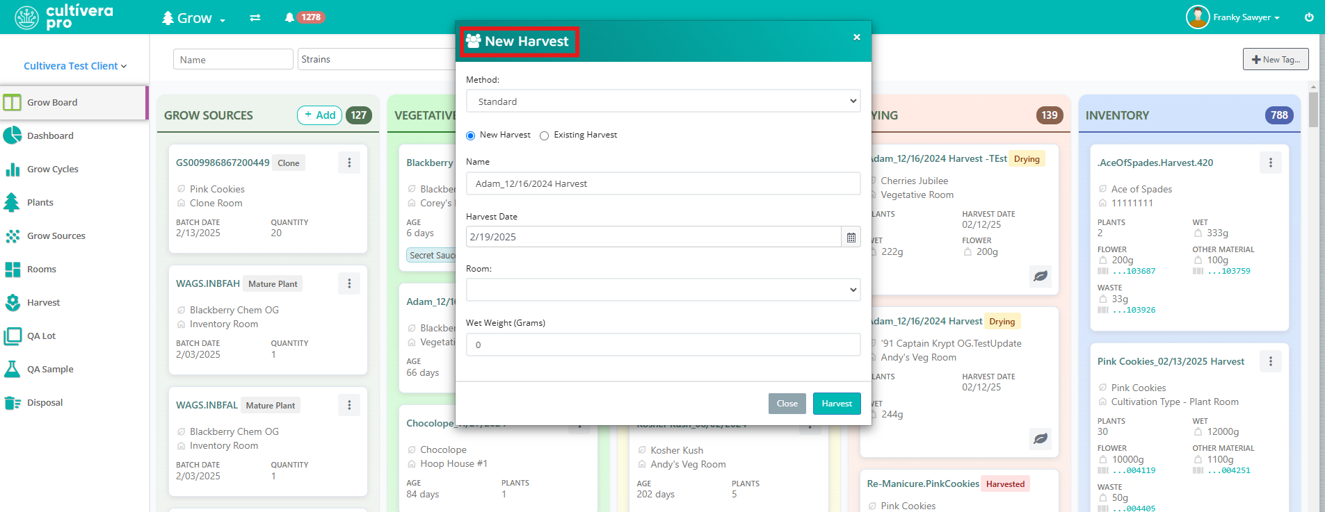 Screenshot of Cultivera Pro Grow Module Grow Board with new harvest options open