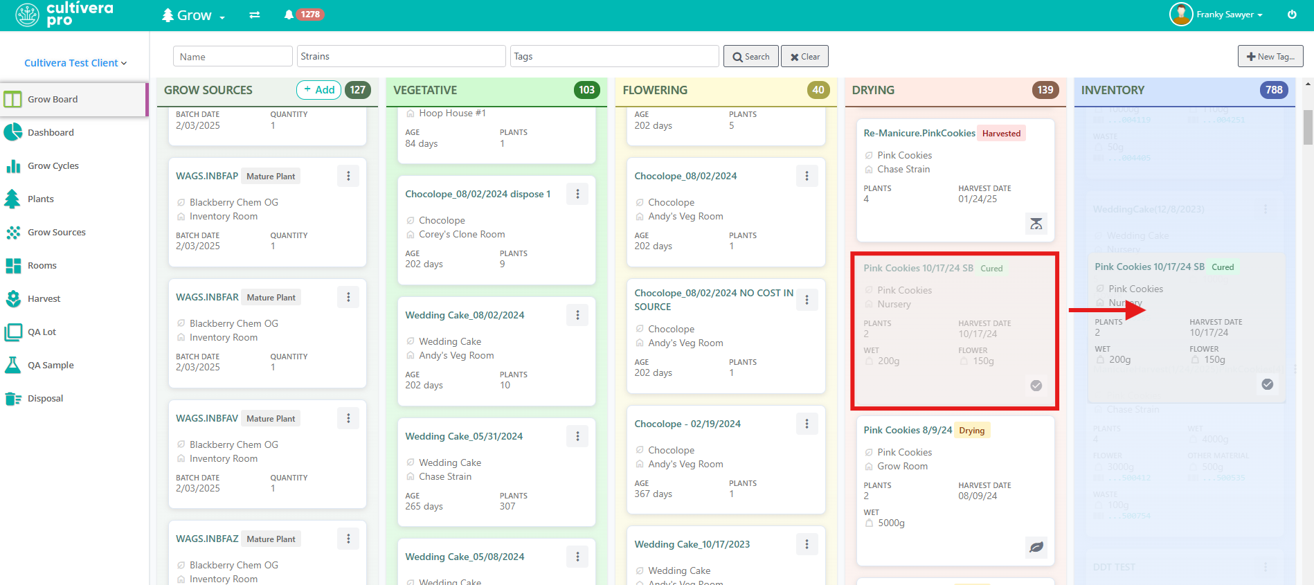 Screenshot of Cultivera Pro Grow Module Grow Board highlighting harvest finalization