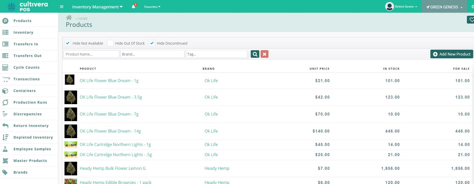 screenshot of pos inventory management products screen