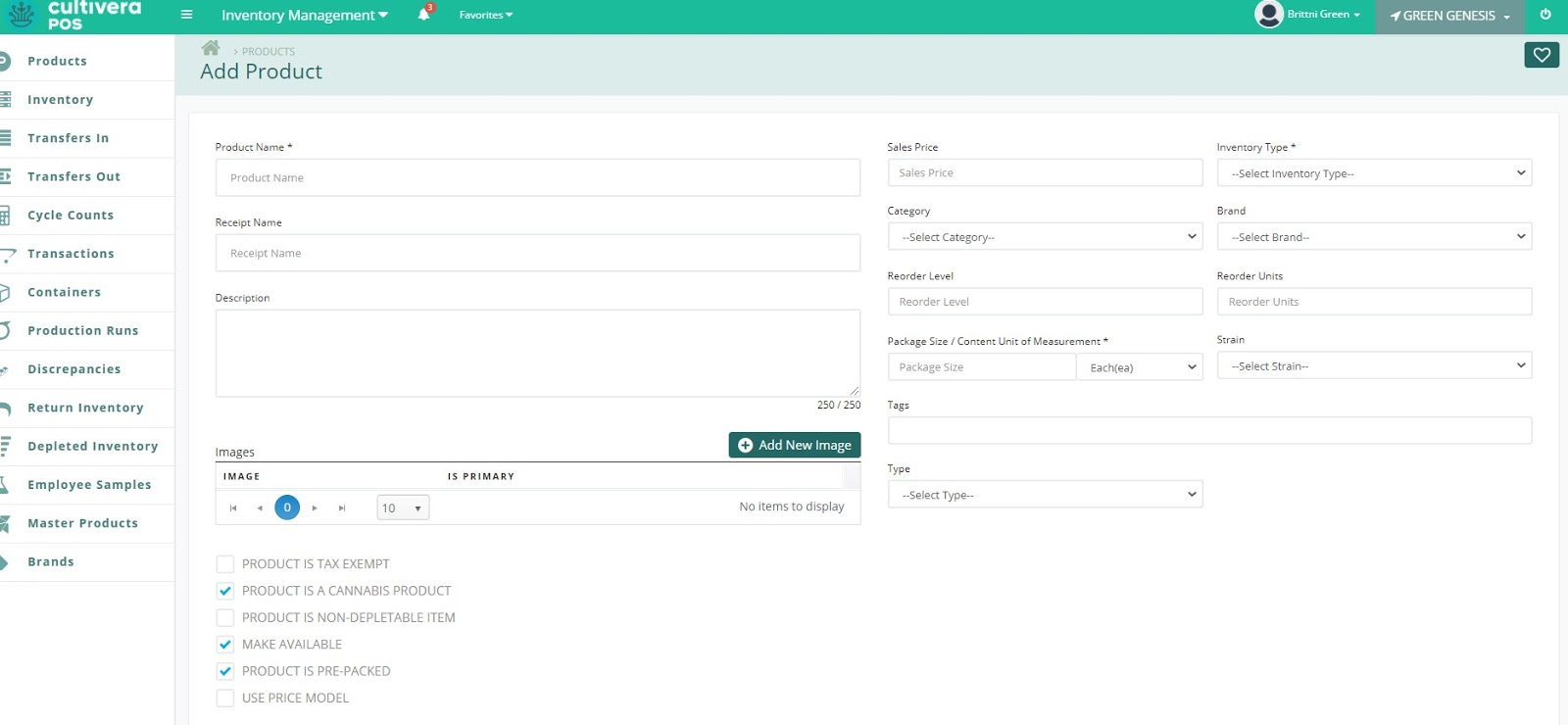 Add Product screen in cultivera point of sale inventory management module