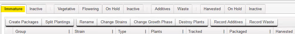 screenshot of immature plant tabs in metrc