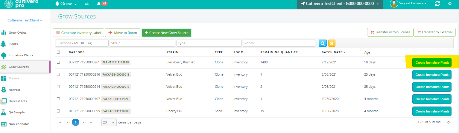 cultivera pro grow sources page screenshot