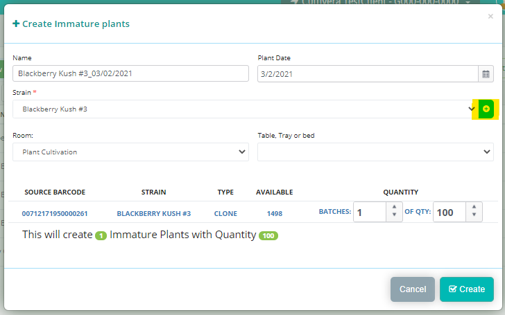 cropped screenshot of cultivera pro platform creating immature plants options