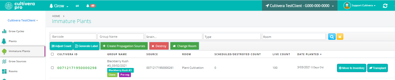 screenshot of immature plant batches screen in cultivera pro