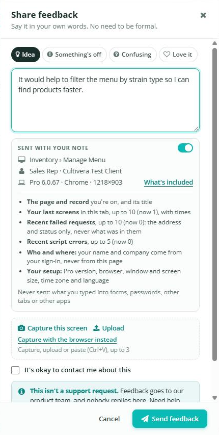 Share feedback panel with an Idea note, the Sent with your note section and the What's included list