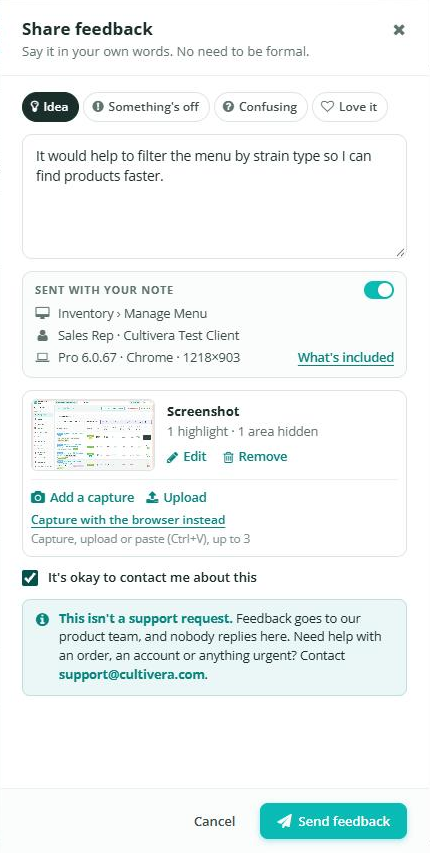 Share feedback panel ready to send, with a marked-up screenshot, the contact checkbox ticked and the Send feedback button