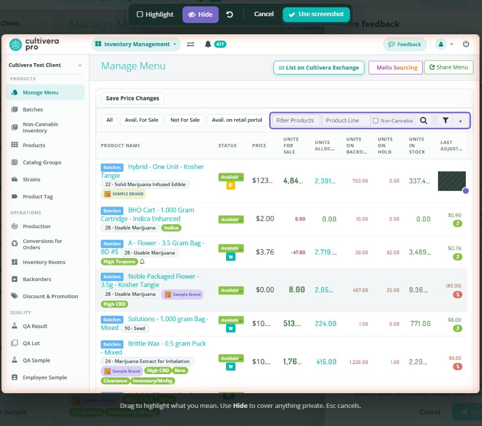 Screenshot markup with the Highlight, Hide, undo, Cancel and Use screenshot tools, showing a highlight box and a hidden area