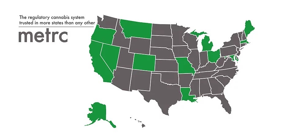 map showing US states that use Metrc for traceability solutions highlighted in green