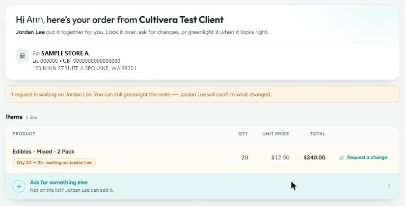 An item with a quantity change request marked as waiting on the rep