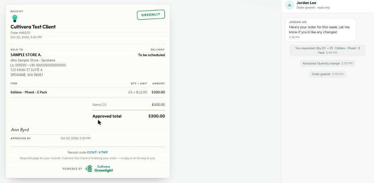 Greenlit receipt with store details, items, approved total, the buyer's name and the receipt code