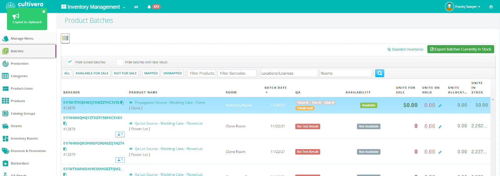 Inventory Management module Product Batches page with notification