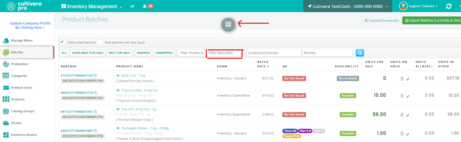 Product batches page with the Scan Barcode and Filter Barcodes options highlighted