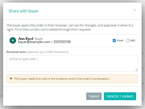 Share with buyer window with the contact, Email and SMS checkboxes and the personal note box