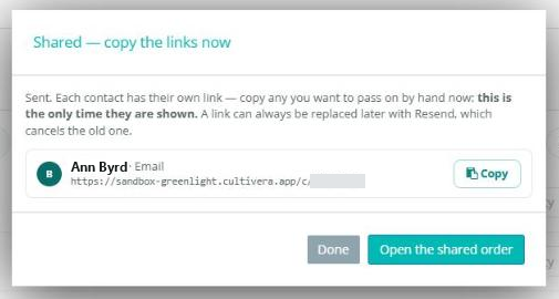 Shared - copy the links now pane with the contact's link, Copy, Done and Open the shared order buttons