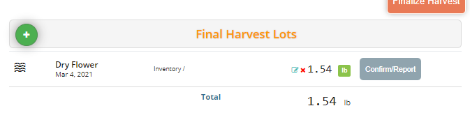 cultivera pro final harvest lot menu screenshot