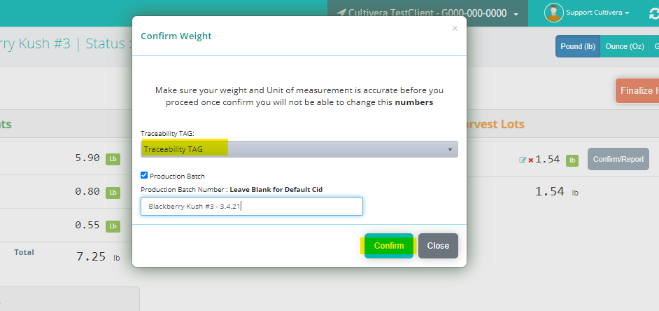 screenshot of popup with confirm weight