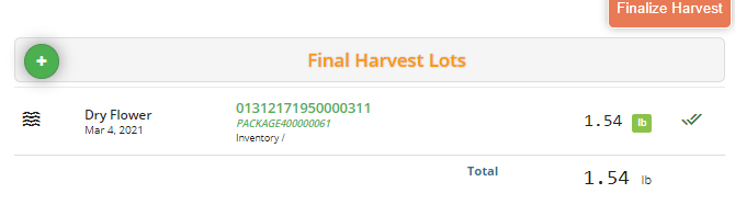 screenshot of final harvest info in cultivera pro