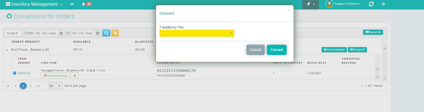 order conversion screenshot in cultivera pro 