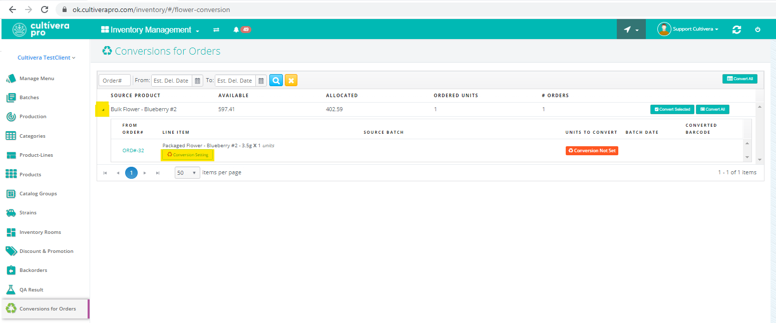 cultivera pro "conversions for orders" page