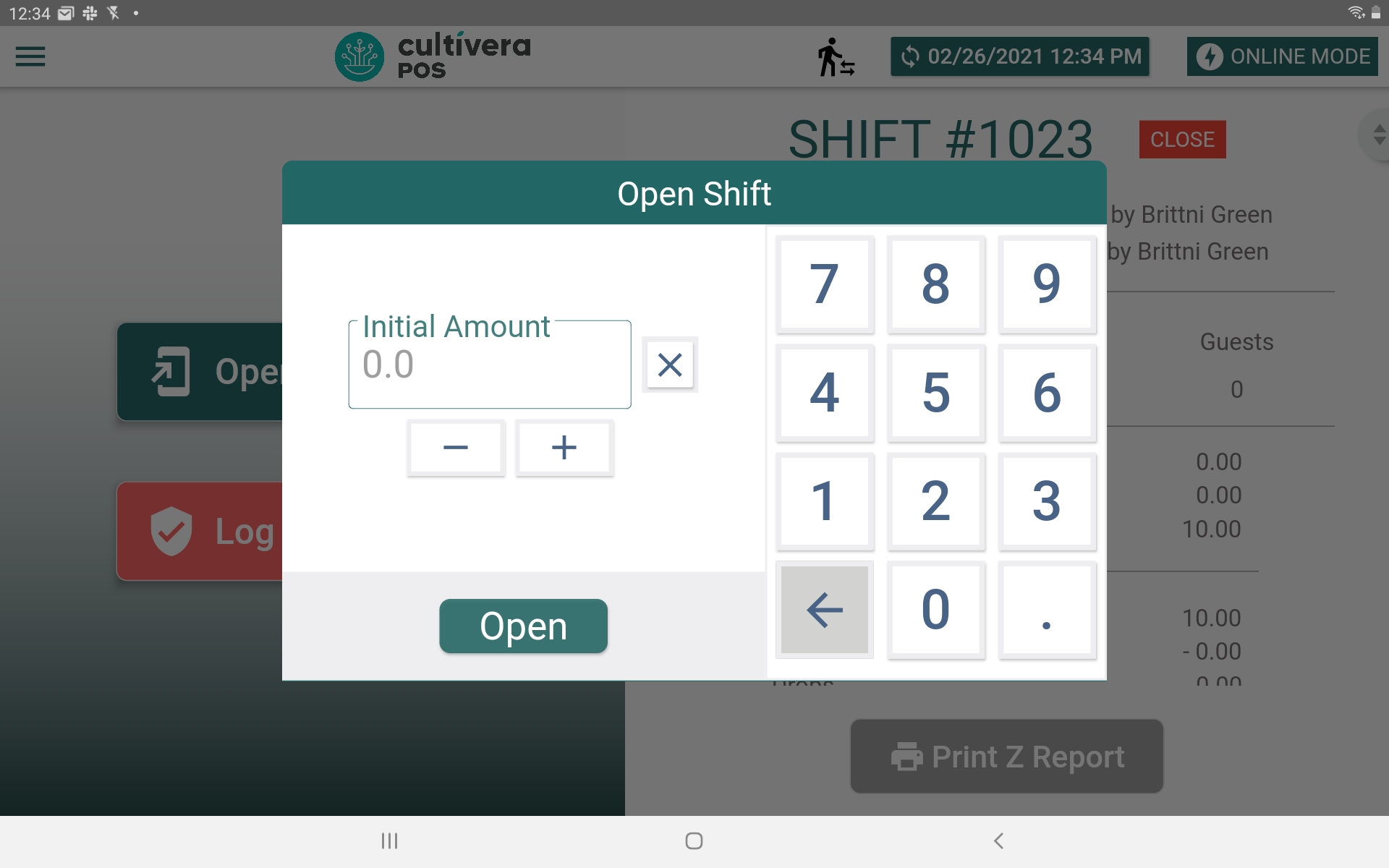 screenshot of cultivera pos open shift amount