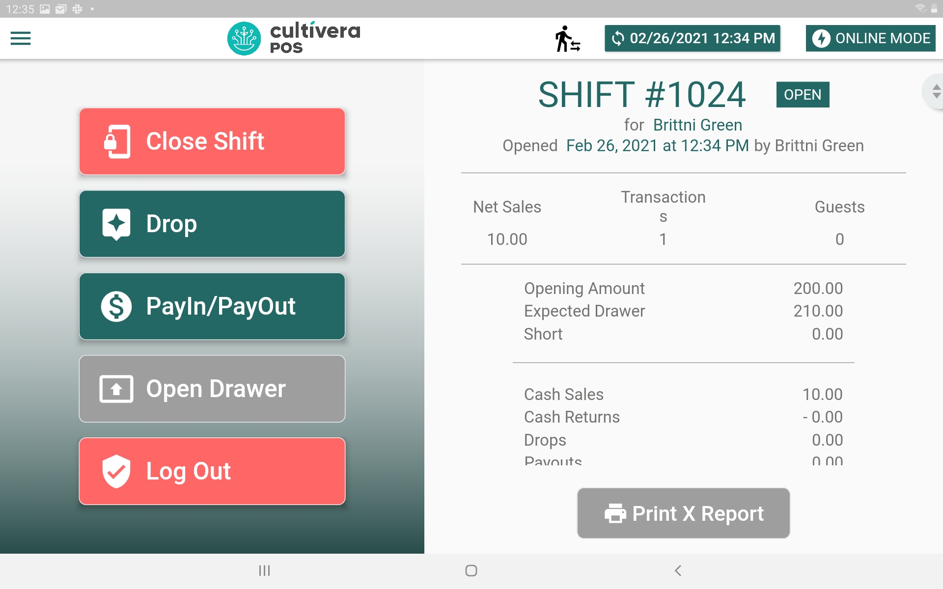 screenshot of the cultivera pos shift report screen