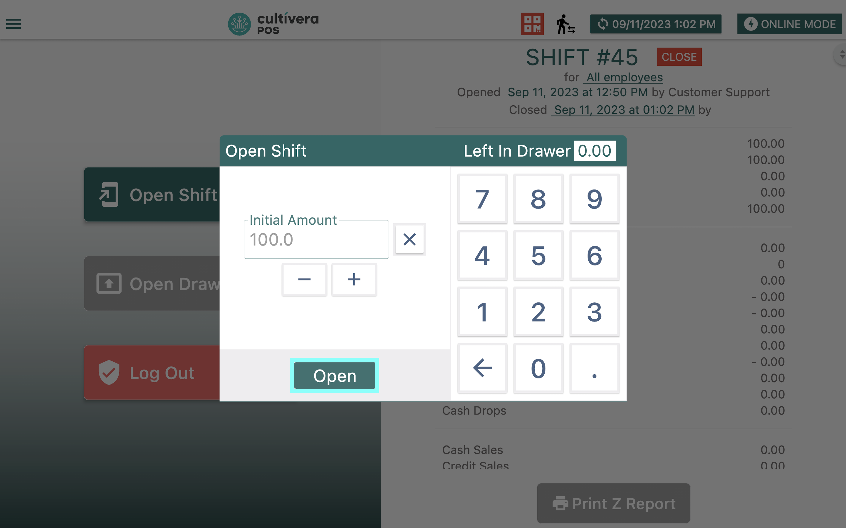 screenshot of cultivera pos open shift amount