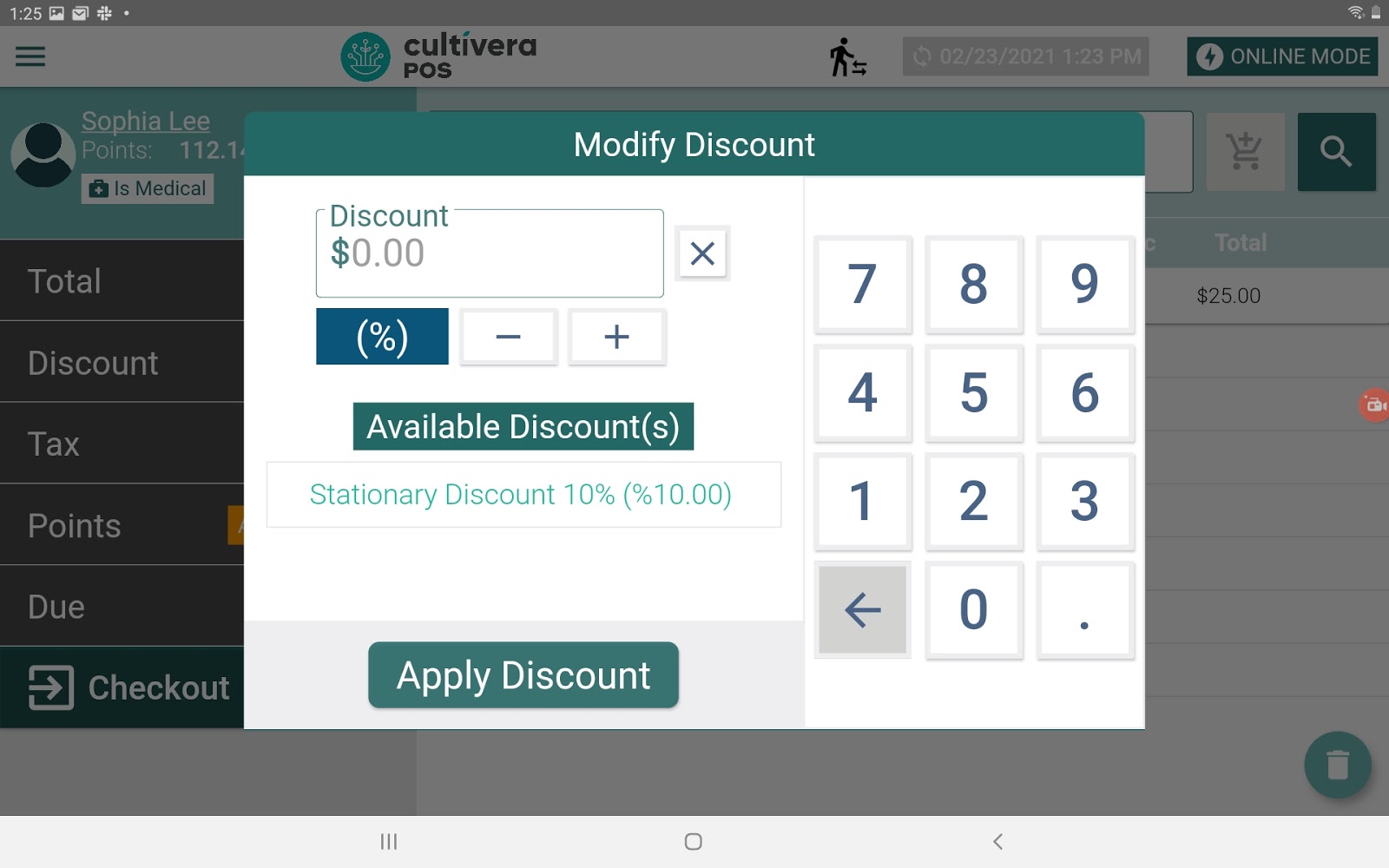 screenshot of cultivera pos terminal discount modification calculator