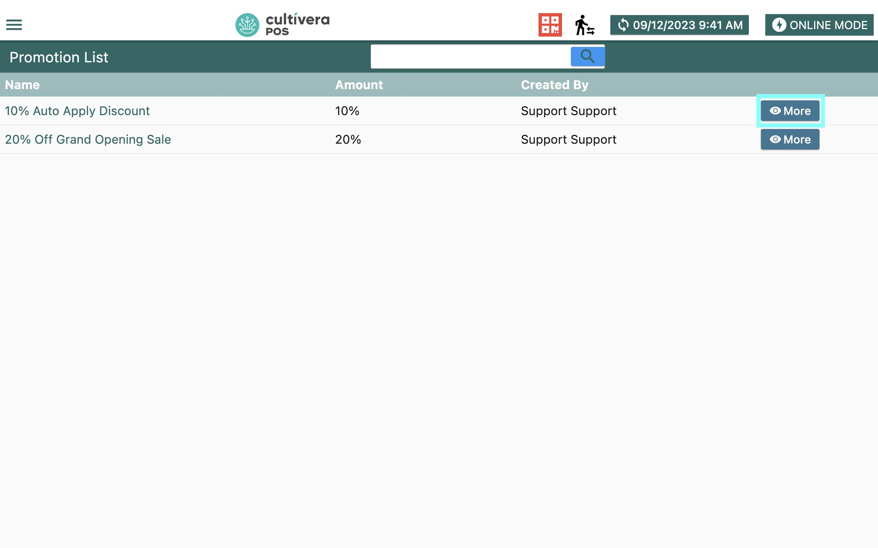 screenshot of cultivera pos promotions screen