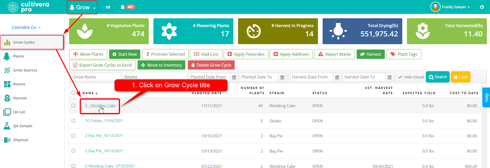 screenshot of cultivera pro grow cycle options