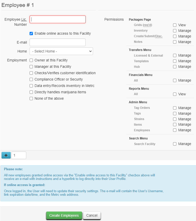 cropped screenshot of metrc employee information options