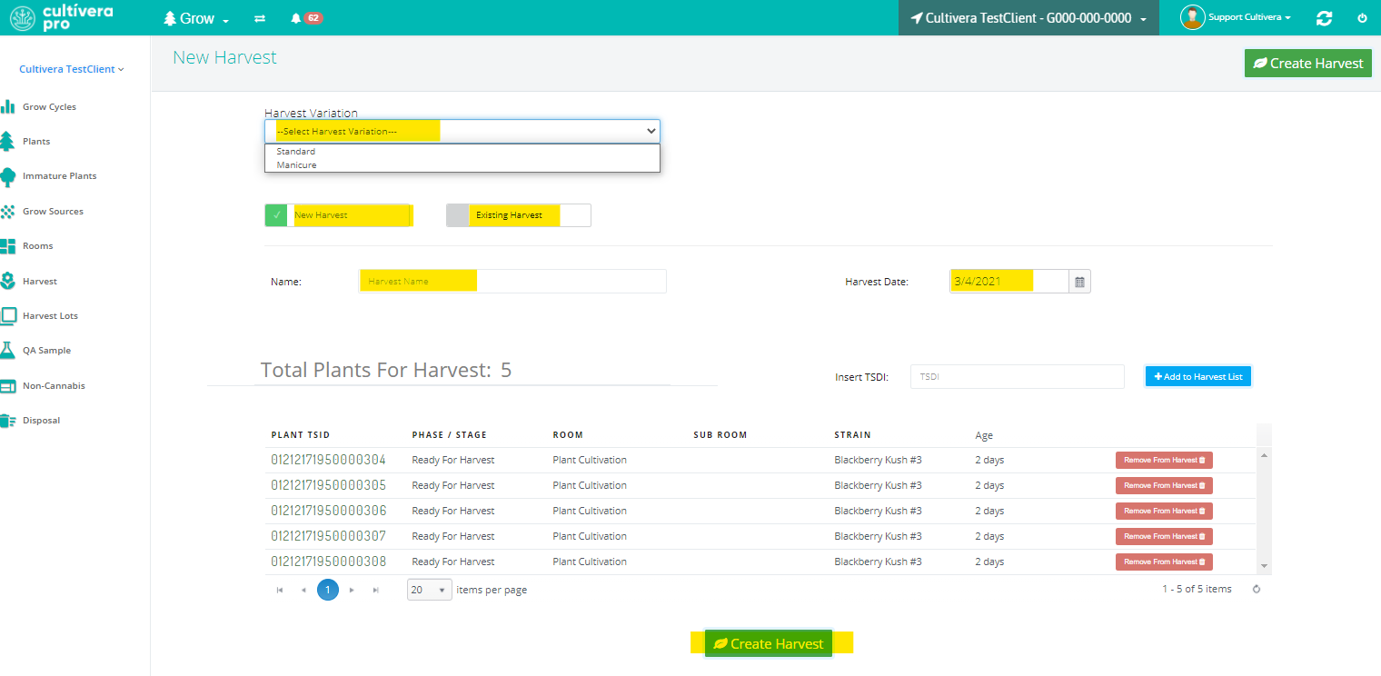 cultivera pro new harvest page options screenshot