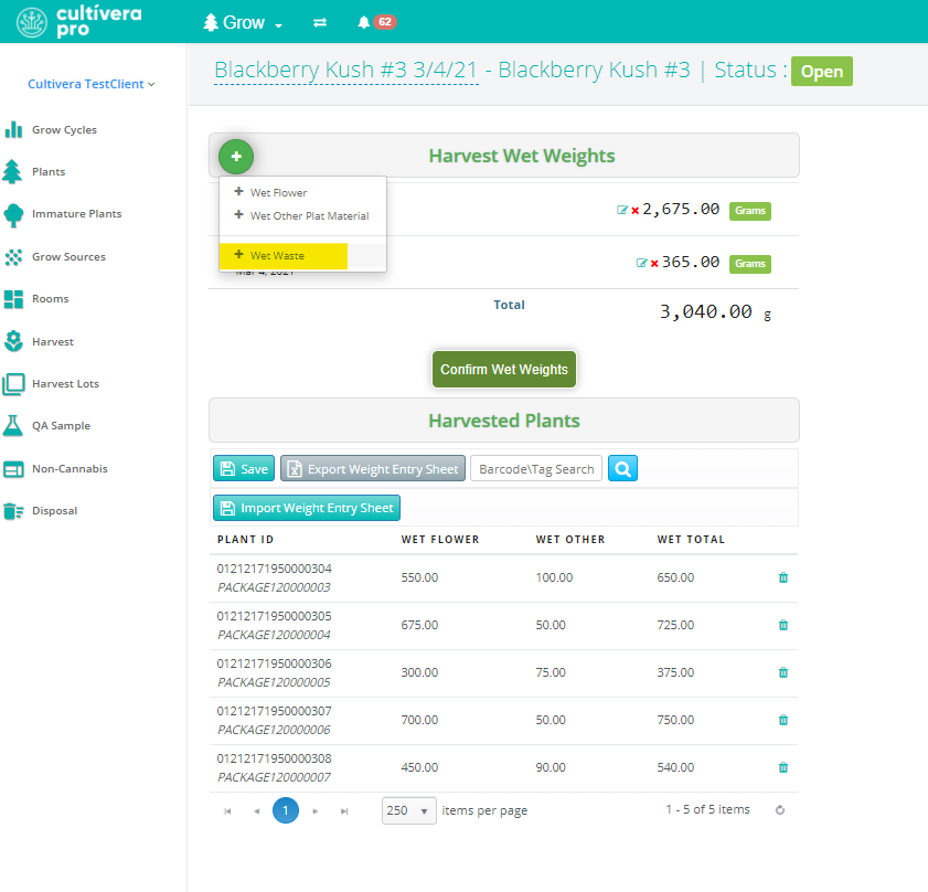 harvest wet weight confirmation screenshot