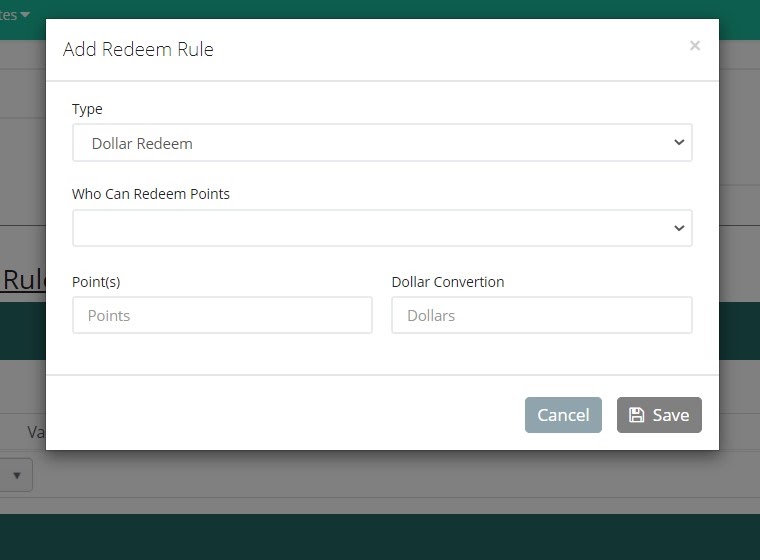 screenshot of Add Redeem Rule entry box