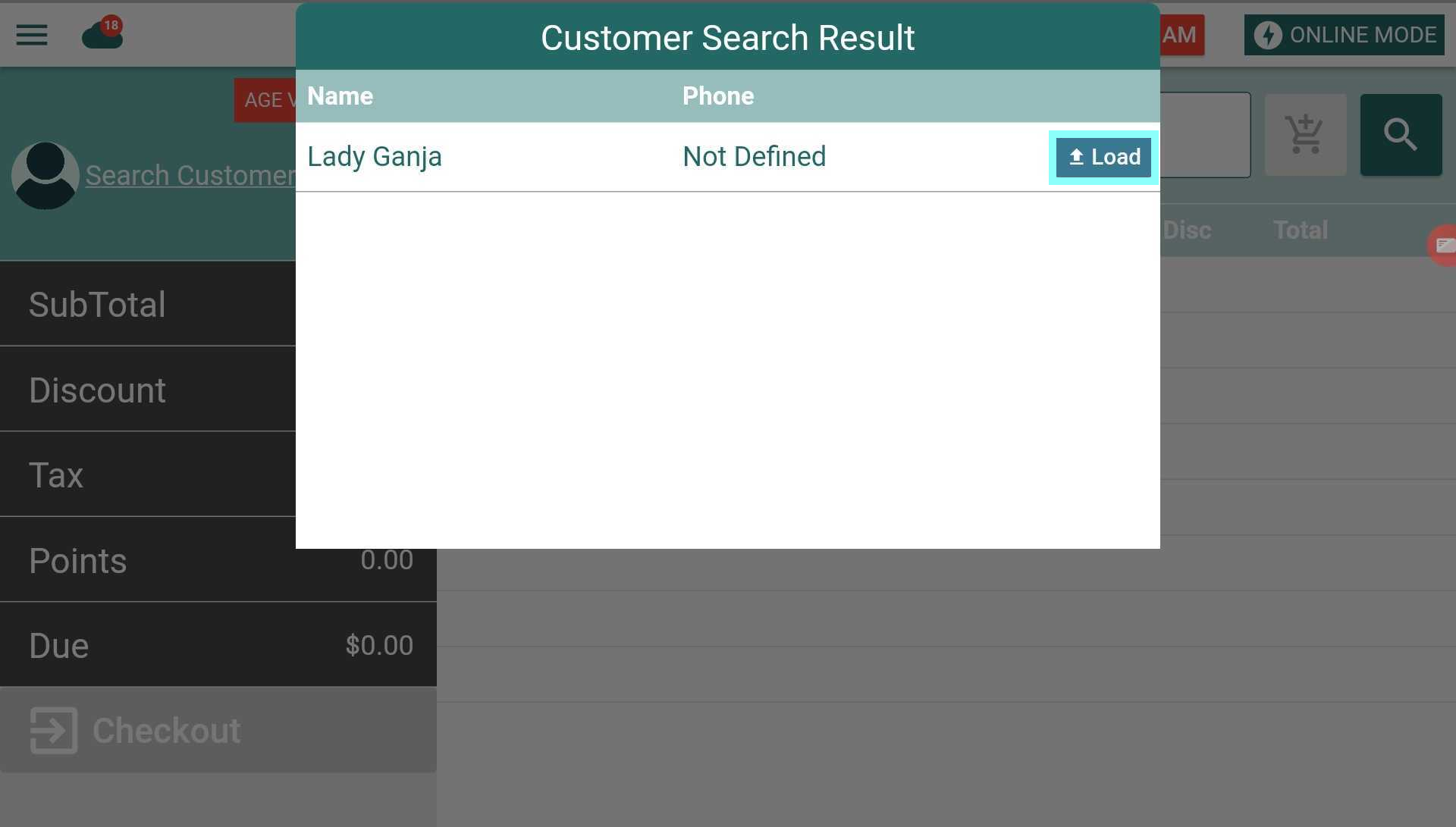 screenshot: Select "Load" next to the Customer name you want to assign to the cart.