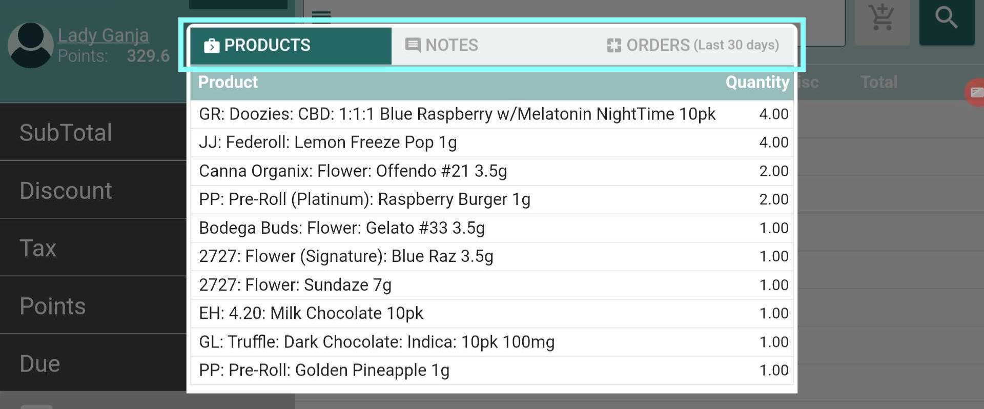 screenshot: list of previously purchased Products and Notes